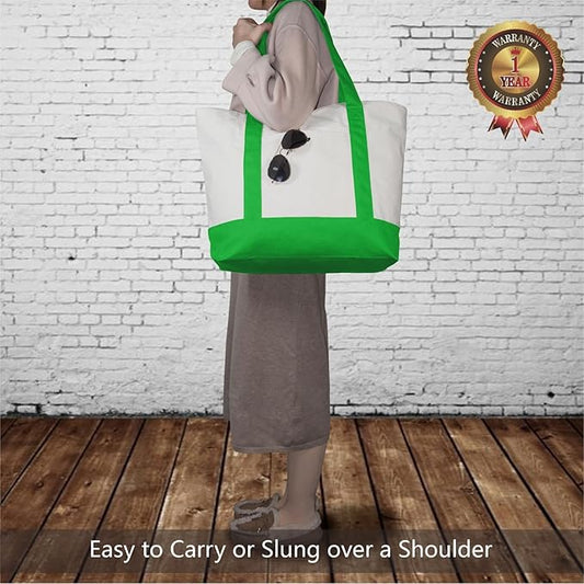 TOPDesign 1-Pack Canvas Tote Bag with an External Pocket, Reusable Grocery Shopping Bag, Top Zipper Closure, Daily Essentials (Lime Green/Natural)