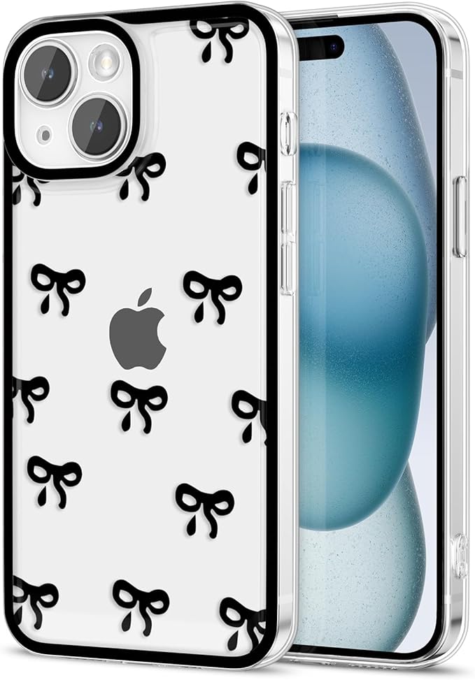 EYZUTAK Case for iPhone 14 Plus, Clear Cute Ribbon Bowknot Pattern Aesthetic Transparent Phone Case Raised Camera Protection Stylish Slim Soft Durable TPU Protective Cover for Women Girls - Black