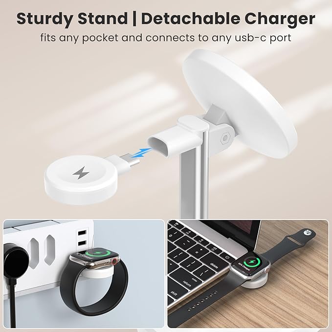 3 in 1 Wireless Charging Station,Detachable Apple Watch Charger & 15W Charger Stand for MagSafe for iPhone, Wireless Charger for Multiple Devices iPhone 16/15/14/13&Watch&AirPods(White)