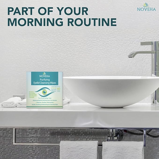 NOVEHA Eyelid & Lash Wipes | lid and lash Cleansing Wipes, Soothing For Sensitive Eyes, (60 Count each (Pack of 3))