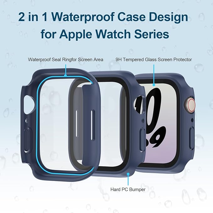 2 in 1 Waterproof Case for Apple Watch Screen Protector 41mm Series 7 8 9 Accessories with Tempered Glass Film Face Protective & PC Bumper Cover Compatible iWatch 41mm