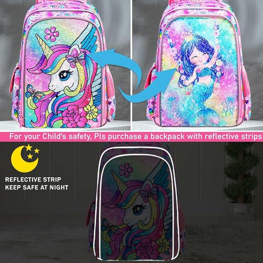 3PCS Unicorn Backpack for Girls, 16" Sequins Bookbag with Lunch Box,Kids School Bags for Elementary Preschool Kindergarten (Pink)