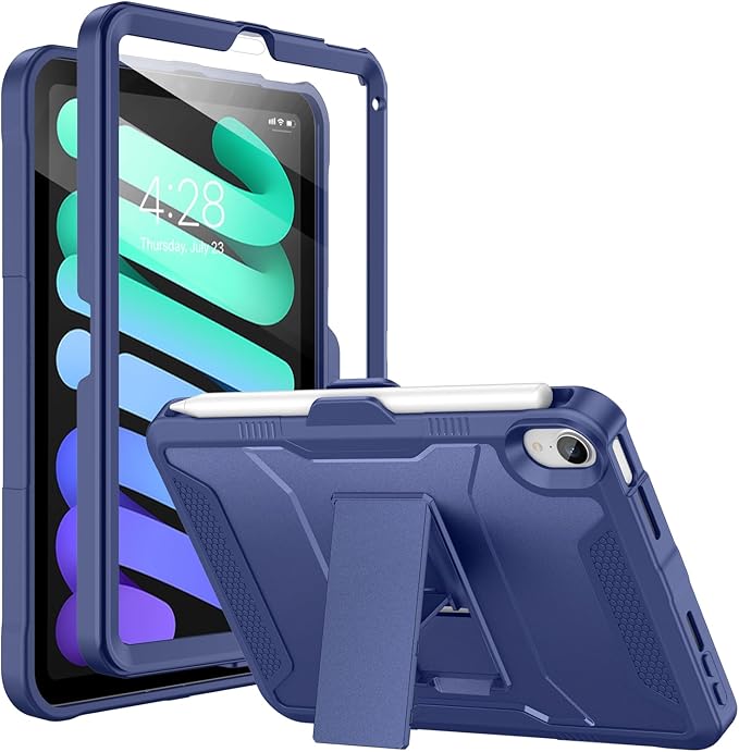 Soke Case for iPad mini 7 (A17 Pro) 2024/ Mini 6 2021 8.3 Inch,with Built-in Screen Protector and Kickstand, Rugged Full-Body Protective Cover for Apple iPad mini 7th/6th Generation - Navy Blue