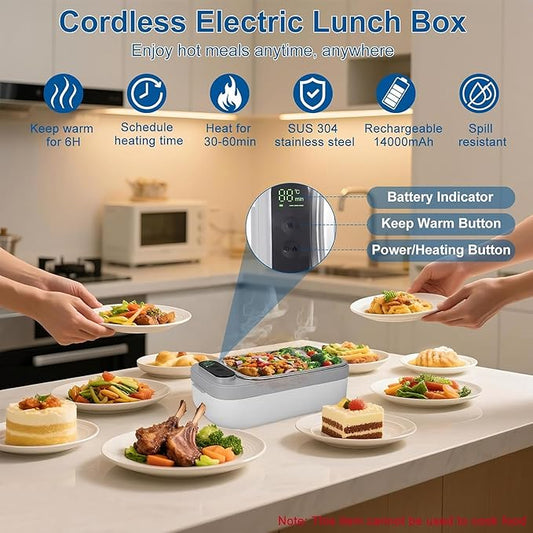 Cordless Electric Lunch Box for Adults, 14000 mA Rechargeable Self Heating Lunch Box with Lunch Bag and Tableware, 1L Protable Food Lunch Warmer for Office Work, Car, Travel, Picnic & Outdoor (White)