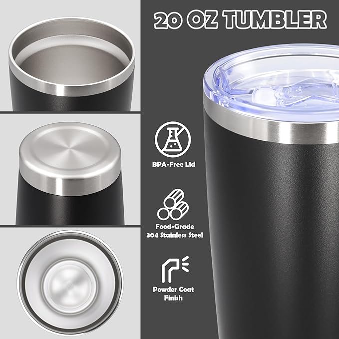20oz Tumbler Stainless Steel Tumbler Cup with Lid Vacuum Insulated Double Wall Travel Mug, Durable Powder Coated Travel Coffee Tumbler Mug for Hot & Cold Drinks, Black,4 Pack