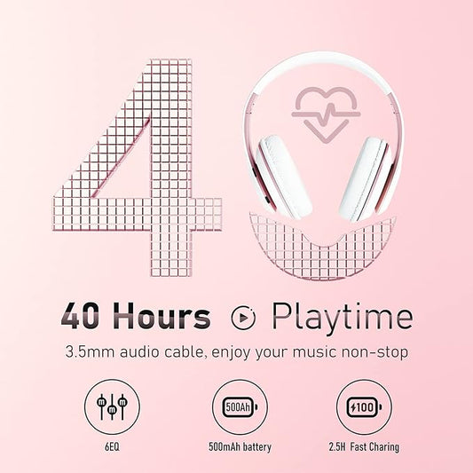 Bluetooth Headphones Over Ear, 6S Foldable Wireless Headphones with 6 EQ Modes, 40 Hours Playtime HiFi Stereo Headset with Mic, Soft Ear Pads, TF/FM for Cellphone/PC/Home (White & Rose Gold)