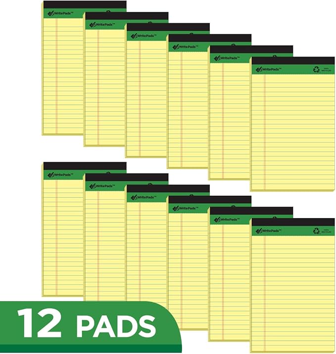 KAISA Yellow Legal Pads 12Pads Writing Pads Recycled Paper 5"x8" Norrow Ruled Lined Paper Small Legal pad Perforated 50 sheets/pad Notepads Writing Tablet Canary For Office Supplies (Canary 12pads)