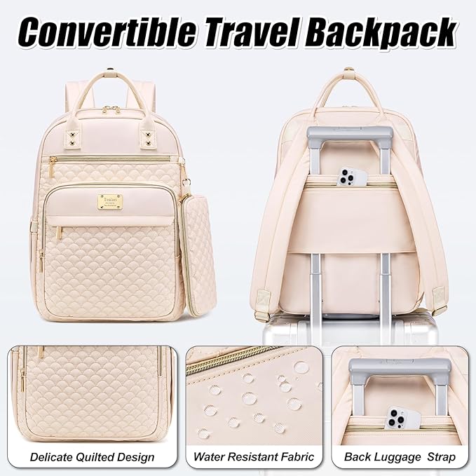 Laptop Backpack for Women,15.6 Inch Laptop Backpack for Work,Water Resistant Travel Backpack,College Bookbag with Wallet (Beige)