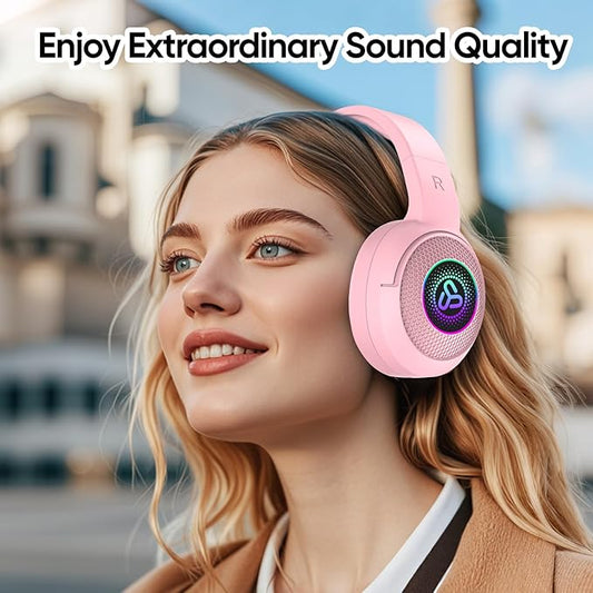 SDLOGAL Wireless Over Ear Headphones, Personalized Music & Game Audio, Wireless BT5.4 Headphones with Microphone, Up to 40 Hours Battery Life, Foldable & Lightweight - Pink