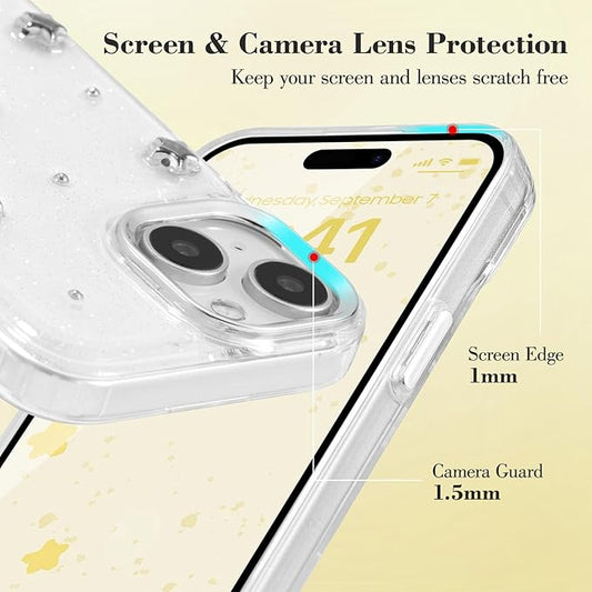 EYZUTAK Case for iPhone 15, Bling Glitter 3D Stars Phone Case Cute Sparkly Crystal Clear Star Aesthetic Design Case Slim Soft Durable TPU Transparent Protective Cover for Women Girls - Star