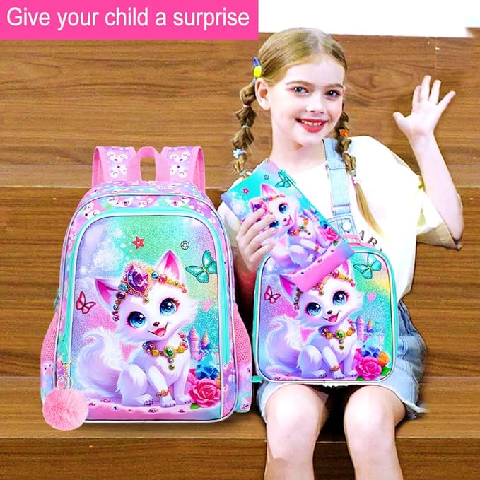 16" Fox Backpack for Girls, 3Pcs Kids Bookbag for Elementary Preschool Kindergarten, School Backpacks with Lunch Box(Pink)