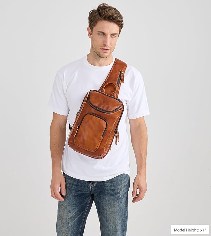 LANNSYNE Vintage Full Grain Leather Sling Bag Crossbody Chest Daypack