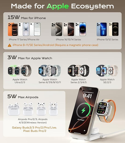 3 in 1 Magnetic Charging Station, 15W Fast Wireless Charger Compatible with MagSafe Charger Stand for iPhone 17 16 15 14 13 12, Apple Watch Charger & AirPods, Foldable Travel Charging Dock, White