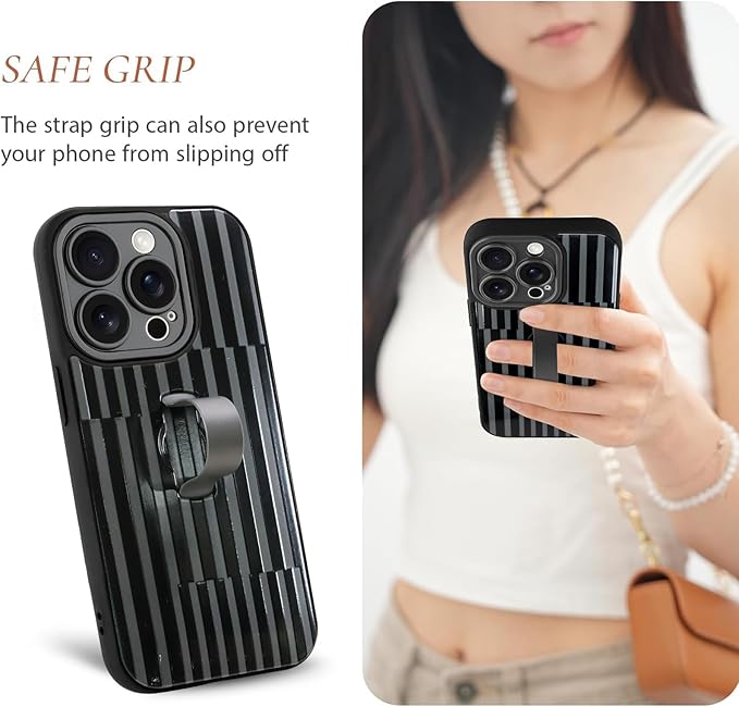 Compatible with iPhone 14 Pro Case with Finger Hand Strap Kickstand, Trendy Cool Striped Phone Case for Women Men, Full Camera Protection Shockproof Protective Cover, Black Stripes