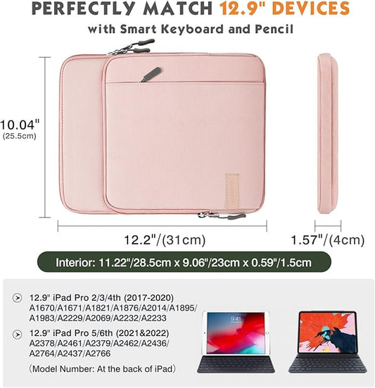 MoKo 12.9 Inch Tablet Sleeve Bag Carrying Case with Pockets Fits 13 Inch New iPad Pro M4 & Air M2 2024, iPad Pro 12.9 M2&M1, Surface Laptop Go 12.4", Galaxy Tab S8+/S9+ 12.4", Pink