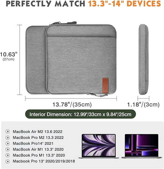 MoKo Laptop Sleeve Bag for 13.3-14 Inch, Notebook Carrying Case with Pocket Fits New MacBook Pro M3/M2 14" /13" M2/M1 Pro/M1 Max 14.2 2023-2021/Air 13.6" M2 2022, Surface Pro 9/8 13", Light Gray