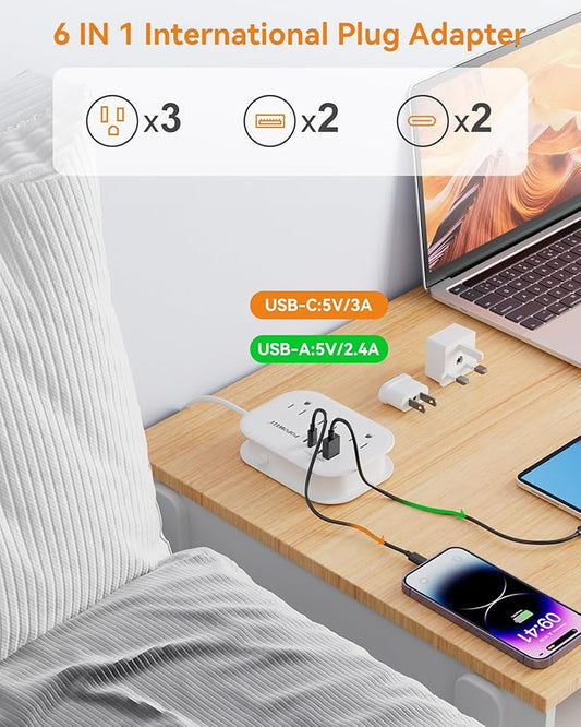 European Plug Adapter,EU/UK/US Travel Power Strip with 3 Outlets & 4 USB Ports(3.4A), International Power Adapter with 3 FT Extension Cord Compact for US to EU UK Germany Italy France Cruise