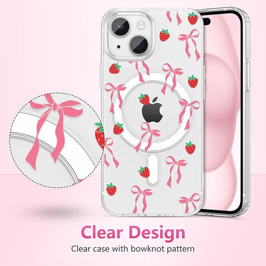 ZTOFERA for iPhone 15 Magnetic Case Clear,Cute Love Heart Ribbon Bow Tie Aesthetic Phone Case,Transparent Trendy Slim Soft Shockproof Protective Phone Cover for Women Girls,Blush