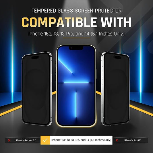 2 Pack iPhone 16e/13/13 Pro/14 Simple Screen Protector Privacy 9H Military Grade Scratch Fingerprint Resistance Anti-Glare Shatterproof Tempered Glass Anti-Spy Easy Installation Bubble Free