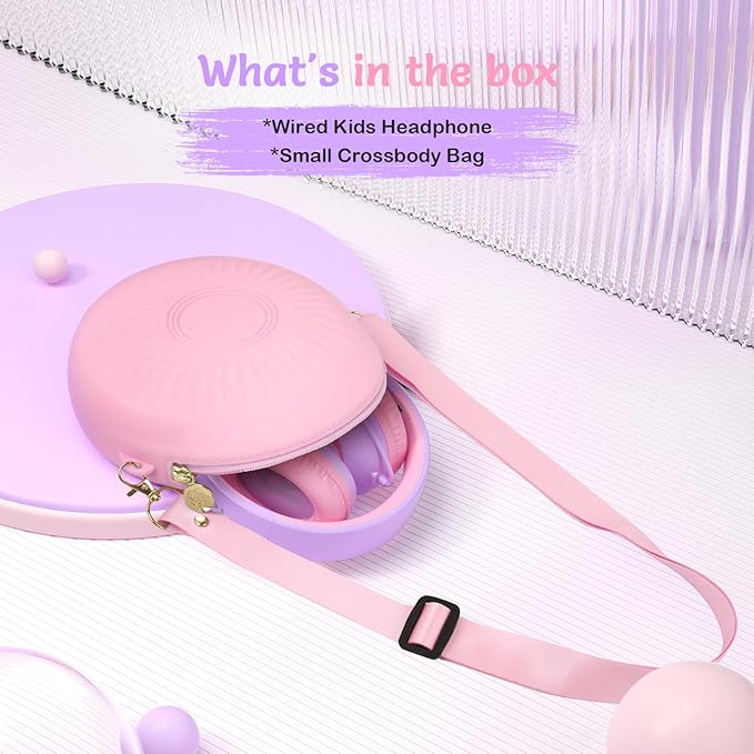 Kids Wired Headphones with Microphone, Volume Limited to 85/94dB Earphone for Boys & Girls, Foldable 3.5mm Jack Headset for School & Travel, Includes Portable Case(Purple)