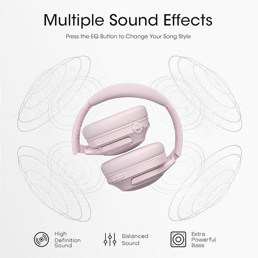 Bluetooth Headphones Over Ear, 80H Playtime Wireless Headphone with 3 EQ Modes, Built-in Mic, Deep Bass, HiFi Stereo Foldable Wireless Headset for iPhone PC Travel Workout Office (Pink)