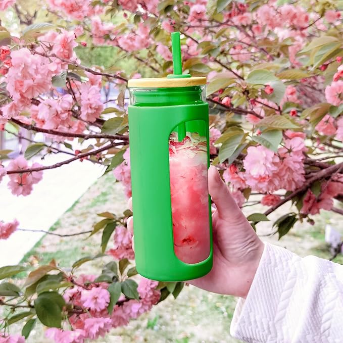 Kodrine 20oz Glass Tumbler with Straw and Lid, Iced Coffee Cups with Bamboo Lids, Glass Cups for Cold Drinks, Smoothie Cup with Silicone Sleeve for Travel, Work, BPA FREE-SpringGreen