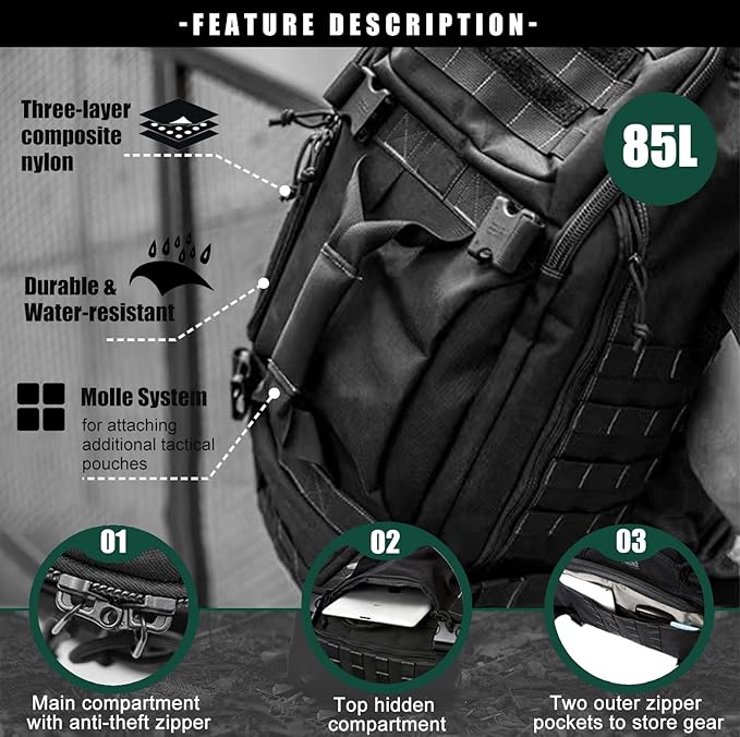 Travel Duffle Bag Backpack for Men - Large Tactical Bags Weekender Gym Bag for Overnight Traveling Military Workout Deployment Sports (Black, 80L)