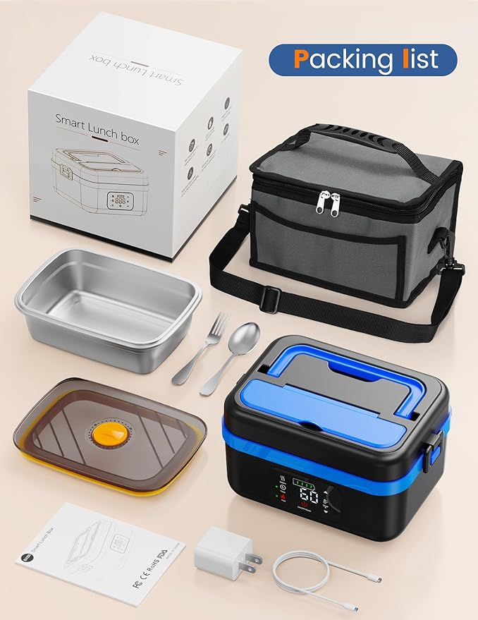 Cordless Electric Lunch Box for Adults, 1L Battery-Powered Heated Lunch Box with Insulated Bag, 16000mAh Rechargeable Self-Heating Food Warmer with Smart Reservation for Work, Travel, Car, Office