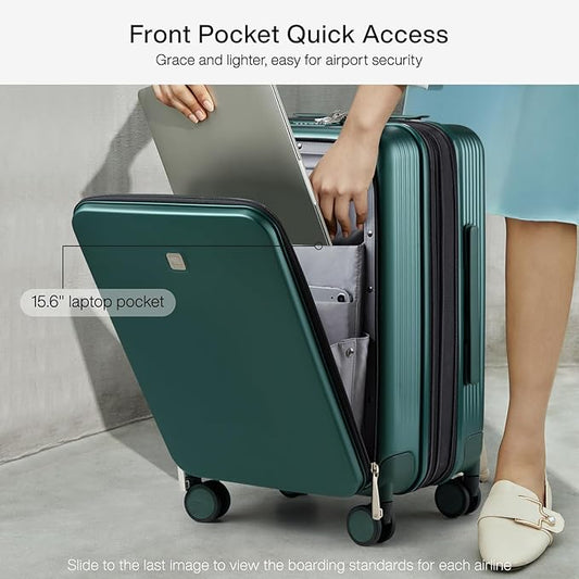 Hanke Grace Expandable Carry On Luggage with Wheels Airline Approved Hard Shell Suitcases with Front Pocket,Top Opening Luggage with TSA Lock for Short Business Travel, Blackish Green.