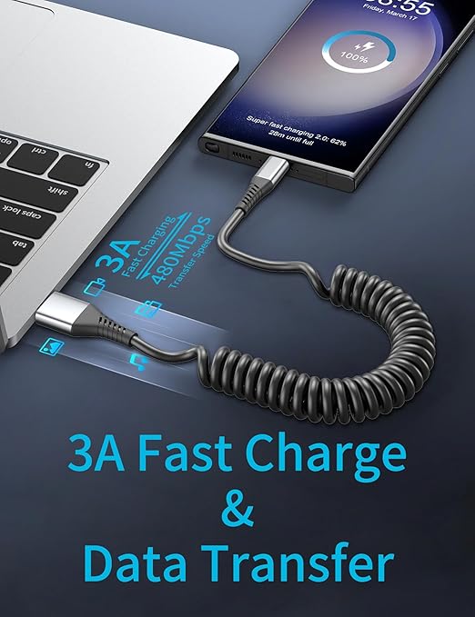 Coiled USB C Cable 2 Pack, 3ft USB to USB-C Cable for Car, Android Auto Coiled USBC CarPlay Cord, 3A Retractable USB C Cord Fast Charging for iPhone 16 15 Pro Max, Samsung Galaxy S24 S23 S22 S21