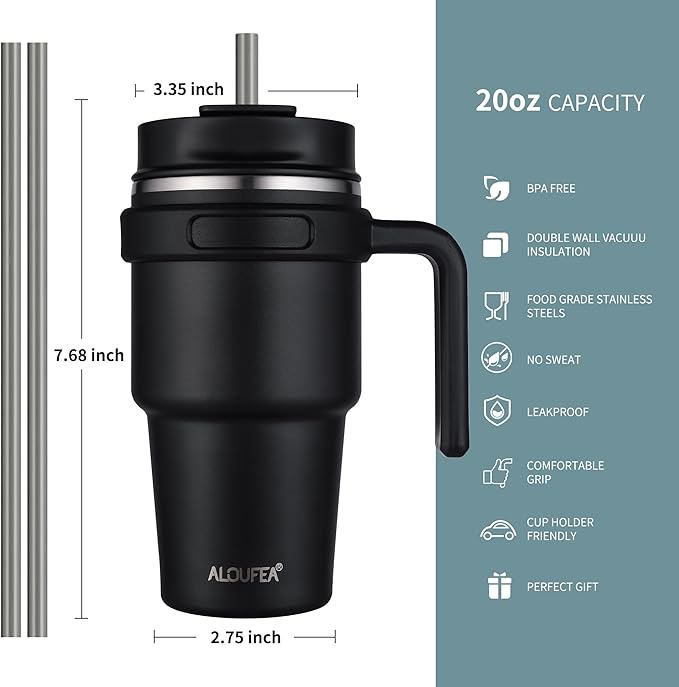 ALOUFEA 20 oz Insulated Coffee Mug Tumbler with Handle, Stainless Steel Travel Mug Tumbler with Lid and Straw,Double Wall Vacuum Leak Proof Ice Coffee Thermal Cup, Black/Rose Gold