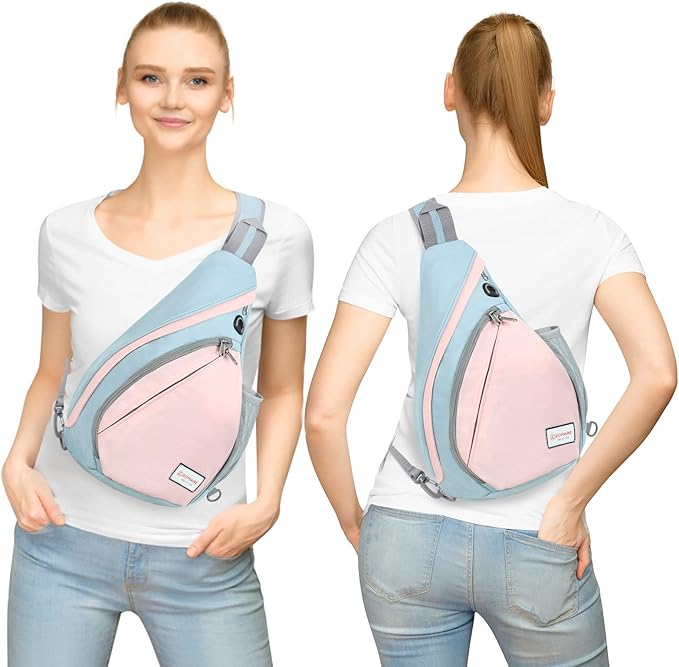 ZOMAKE Sling Bag,Small Crossbody Sling Backpack,Water Resistant Shoulder Daypack for Travel,Anti Thief Chest Bag for Hiking(Grey,Light Pink)