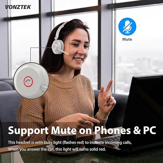 Bluetooth Headset, Wireless Headset with Dual Noise Canceling Microphone for Work &USB Dongle, QCC 5.2 Bluetooth Headphones with Mic Mute/Charge Dock for Computer Cell Phone Office Call Meetings Teams