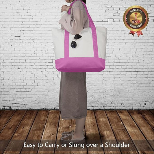 TOPDesign 3-Pack Canvas Tote Bags with an External Pocket, Reusable Grocery Shopping Bags, Top Zipper Closure, Daily Essentials (Light Purple/Natural)