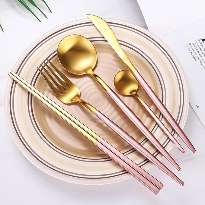 AARAINBOW 8 Pieces Stainless Steel Flatware Set Portable Reusable Cutlery Set Travel Utensils Set Including Chopsticks Knife Fork Spoon Straws Cleaning Brush Dishwasher Safe (Pink Golden)