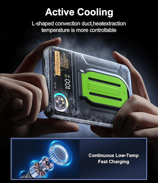 Magnetic Power Bank 10000mAh,Foldable Wireless Portable Charger with Fan Active Cooling System,Fast Charging Battery Pack,Compatible with iPhone 16/15/14/13/12 Pro/Pro Max/Plus/Mini