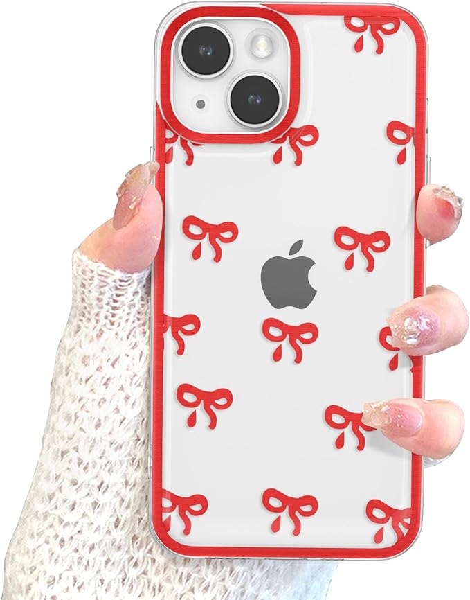 EYZUTAK Case for iPhone 15 Plus, Clear Cute Ribbon Bowknot Pattern Aesthetic Transparent Phone Case Raised Camera Protection Stylish Slim Soft Durable TPU Protective Cover for Women Girls - Red