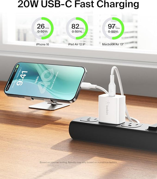 Belkin USB C Charger Block 20W (2-Pack) - Fast Charging - Apple iPhone 17, Air, Pro, Pro Max, iPad, AirPods, Samsung Galaxy S25, Nintendo Switch 2 & More - White