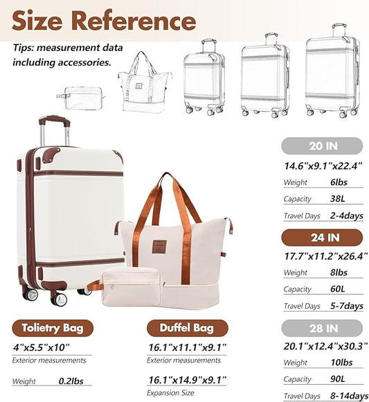 Merax Suitcase Set 24 inches Expandable Luggage with TSA Lock Spinner Wheels Hardshell Lightweight Vintage Luggage with Travel Bag,White