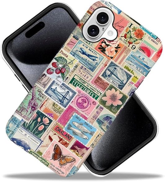 DAIZAG Case Compatible with iPhone 16 Plus,Fit Shockproof Cover for Women Girls,Retro Stamp Collage