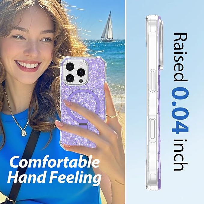 Magnetic for iPhone 16 Pro Case with Invisible Stand, Compatible with MagSafe, Clear Bling Sparkle Shockproof Slim Anti-Slip Military Drop Protection Hard Phone Case 6.1" Glitter Purple