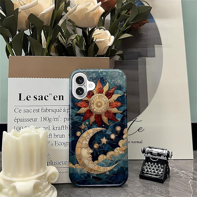 Case for iPhone 16 Case,Sun Moon Stars Faux Stained Glass Design - Hybrid Dual Protection Silicone + Hard PC Shockproof Full Body Cover Slim Anti-Scratch Protective Case for Men Women