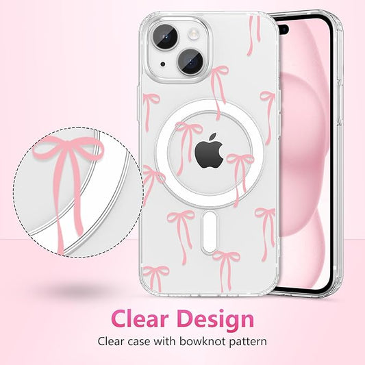 ZTOFERA for iPhone 13/14 Magnetic Case Clear,Cute Love Heart Ribbon Bow Tie Aesthetic Phone Case,Transparent Trendy Slim Soft Shockproof Protective Phone Cover for Women Girls,Pastel Pink