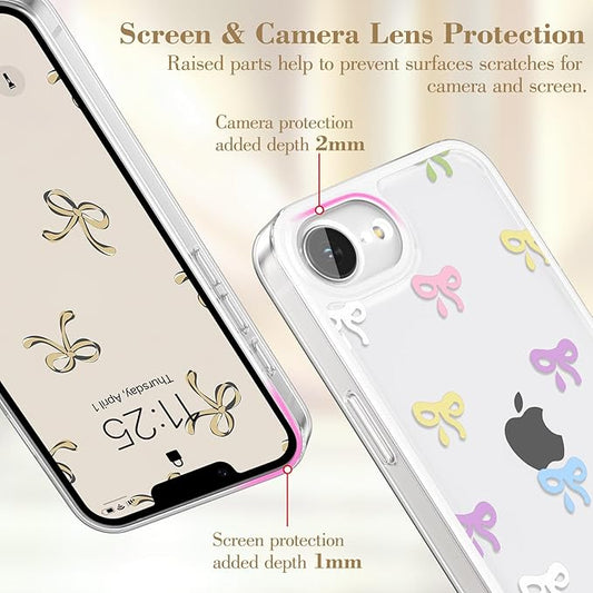 EYZUTAK Case for iPhone 16e, Clear Cute Ribbon Bowknot Pattern Aesthetic Transparent Phone Case Raised Camera Protection Stylish Slim Soft Durable TPU Protective Cover for Women Girls - Colorful