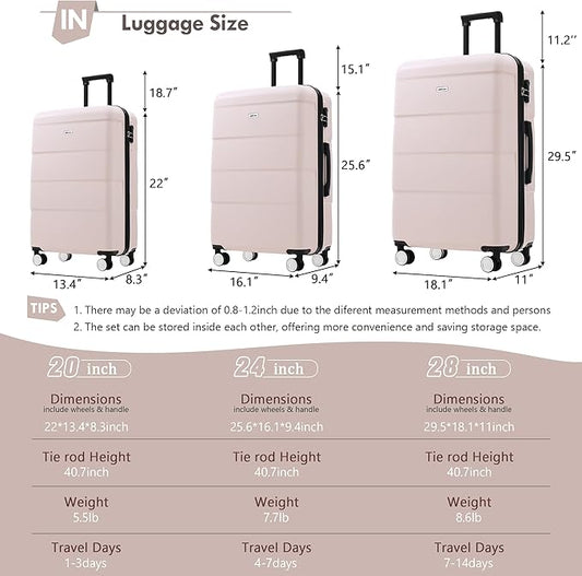 Merax Luggage Sets of 3 Piece Carry on Suitcase Airline Approved,Hardcase Suitcase Set with Double Spinner Wheels,Light Pink