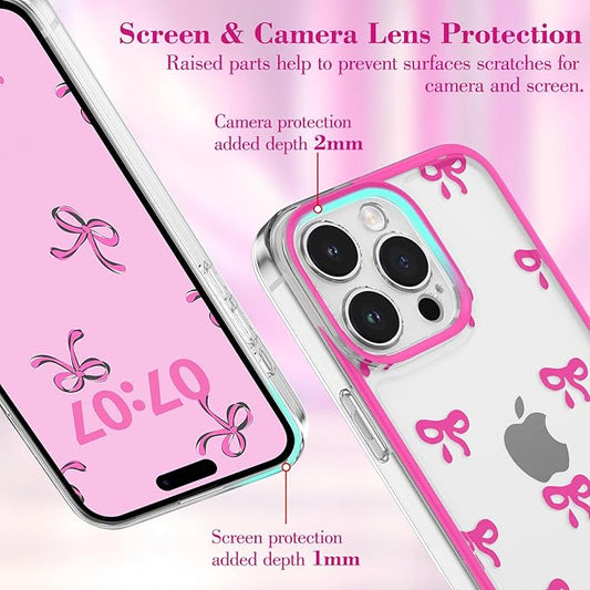 EYZUTAK Case for iPhone 12 Pro, Clear Cute Ribbon Bowknot Pattern Aesthetic Transparent Phone Case Raised Camera Protection Stylish Slim Soft Durable TPU Protective Cover for Women Girls - Rose Red