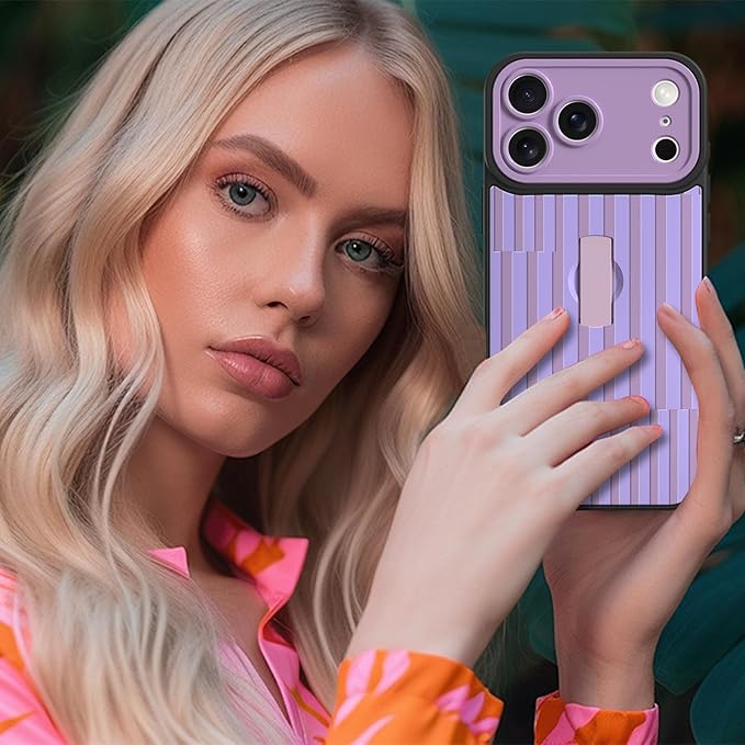 Compatible with iPhone 17 Pro Max Case with Finger Hand Strap Kickstand, Trendy Cool Striped Phone Case for Women Men, Full Camera Protection Shockproof Protective Cover, Purple Stripes