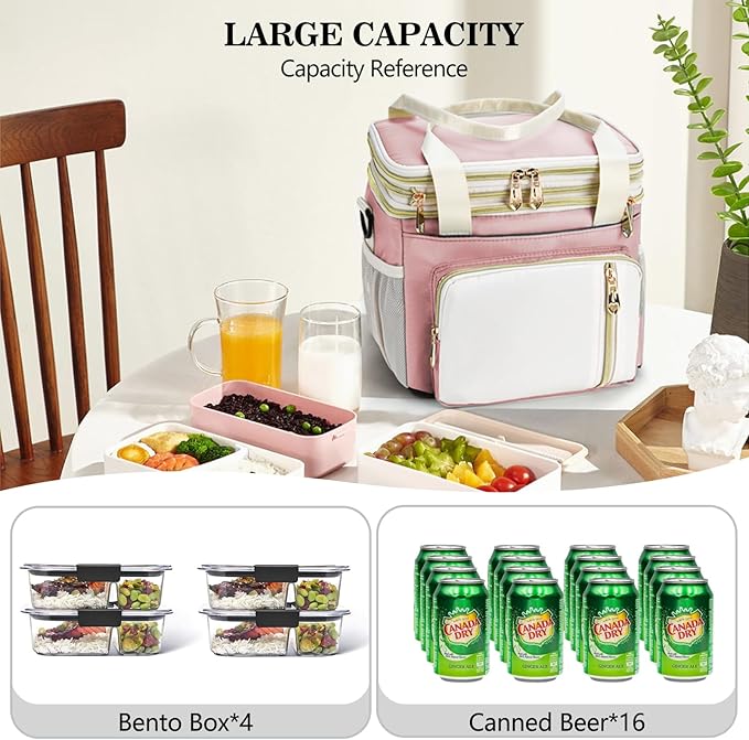 LOKASS Lunch Box for Women, 16L, Double Deck Expandable Insulated Lunch box For Adults/Women Thermal Large Waterproof Leakproof Cooler Bag with Shoulder Strap - Light Pink