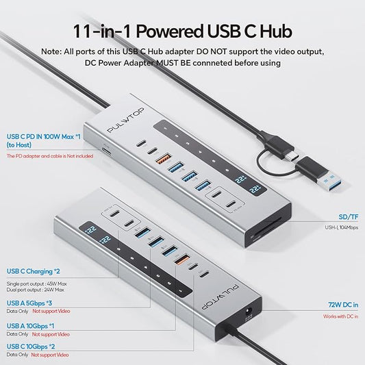 Powered USB C Hub, PULWTOP 11-in-1 USB Hub with SD/TF, 2*USB-C 10Gbps, 4*USB-A 5/10Gbps and 2 * 24/45W Type-C PD Charging Ports (Not Support Video), USB Powered Hub (72W DC Adapter Included)