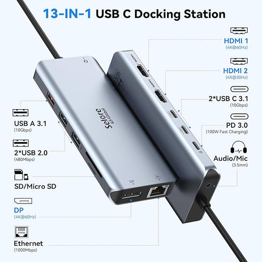 USB C Docking Station Dual Monitor,Selore 13 in 1 USB C Hub 3 Monitors with Dual HDMI,DP,10G USB A/C,100W PD,5 USB A/C Ports,Gigabit Ethernet,Laptop Docking Station for Dell,Hp,Lenovo,MacBook.etc